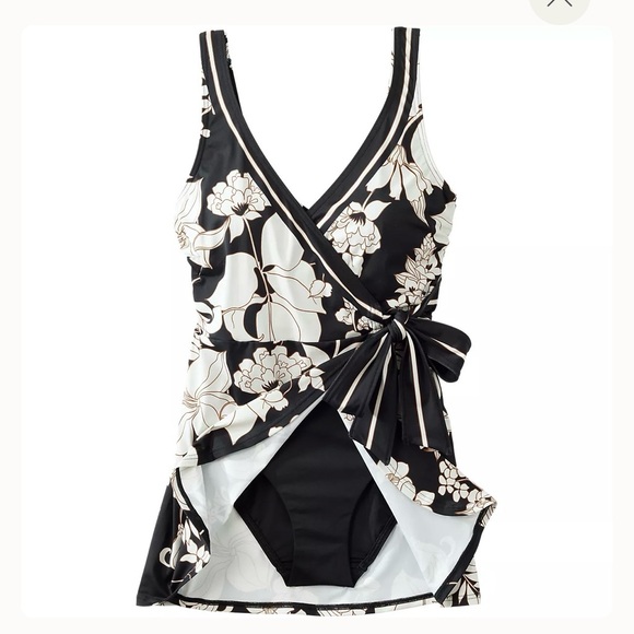 Lands end side tie Wrap Swimdress black /white - Picture 5 of 6